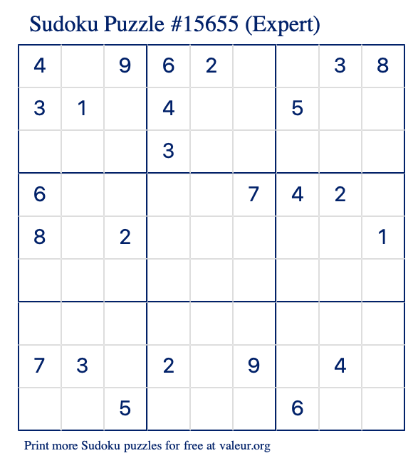 Free Printable Expert Sudoku Puzzle number 15655