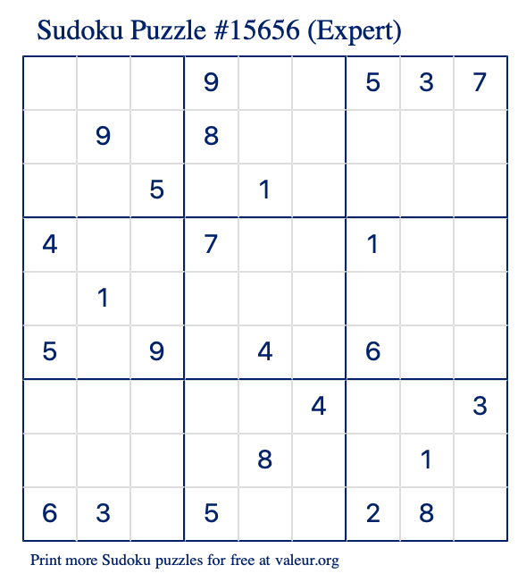 Free Printable Expert Sudoku Puzzle number 15656