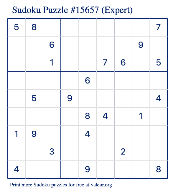 Free Printable Expert Sudoku Puzzle number 15657