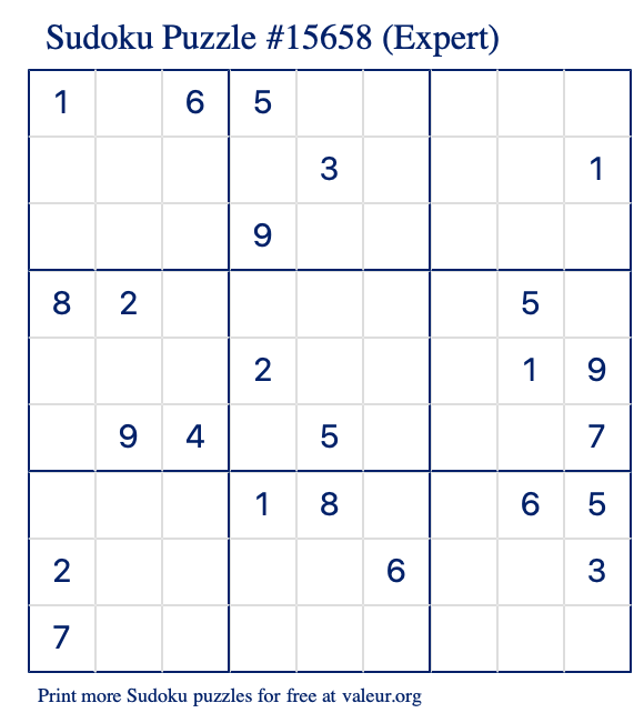 Free Printable Expert Sudoku Puzzle number 15658