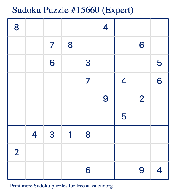 Free Printable Expert Sudoku Puzzle number 15660