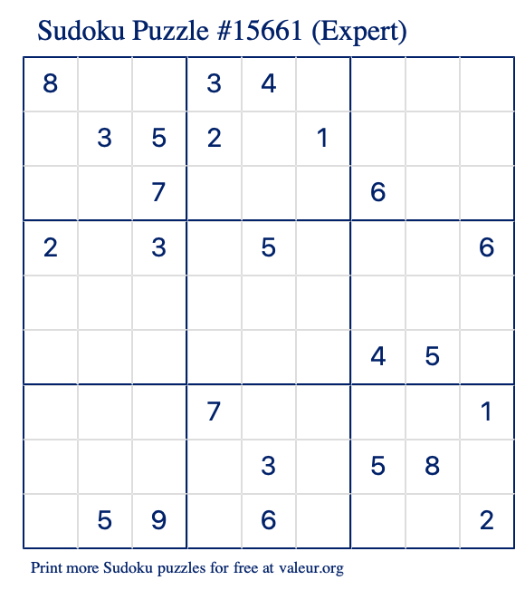 Free Printable Expert Sudoku Puzzle number 15661