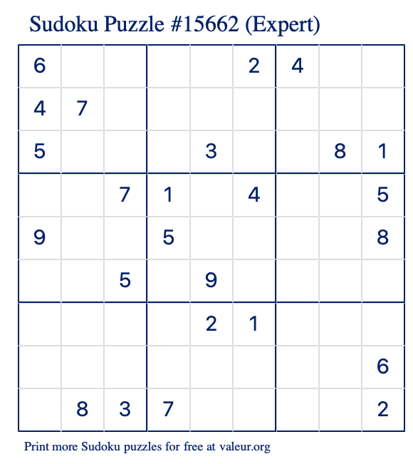 Free Printable Expert Sudoku Puzzle number 15662