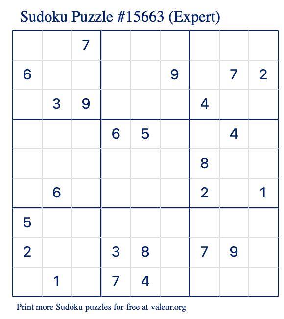 Free Printable Expert Sudoku Puzzle number 15663