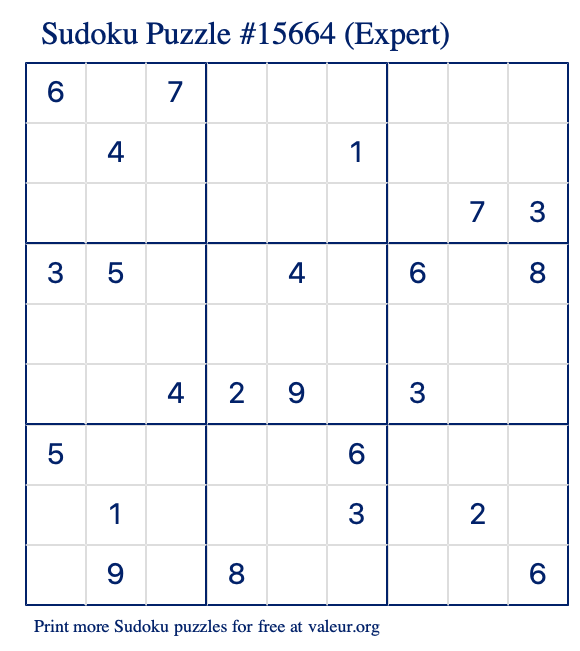 Free Printable Expert Sudoku Puzzle number 15664