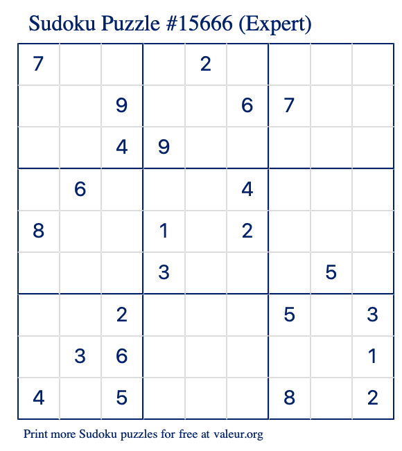 Free Printable Expert Sudoku Puzzle number 15666