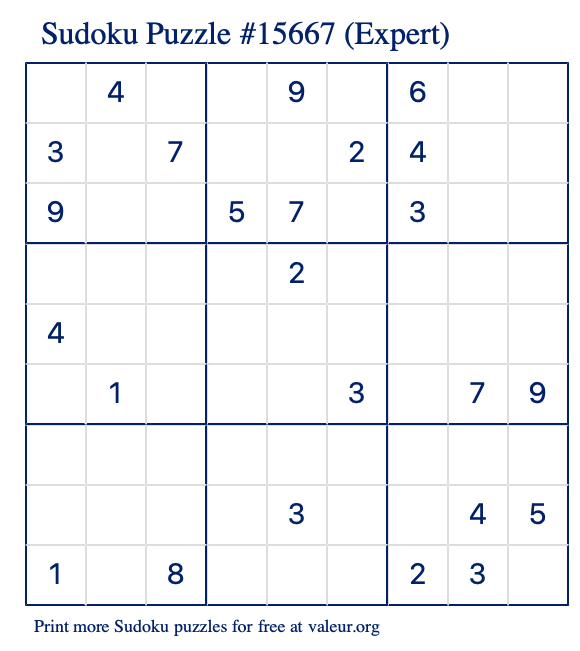 Free Printable Expert Sudoku Puzzle number 15667