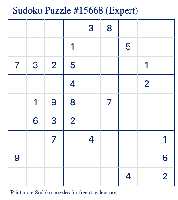 Free Printable Expert Sudoku Puzzle number 15668