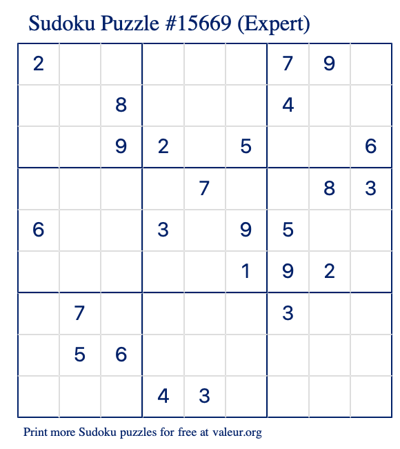 Free Printable Expert Sudoku Puzzle number 15669