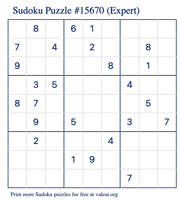 Free Printable Expert Sudoku Puzzle number 15670