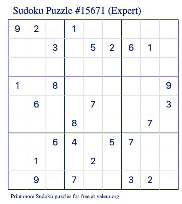 Free Printable Expert Sudoku Puzzle number 15671