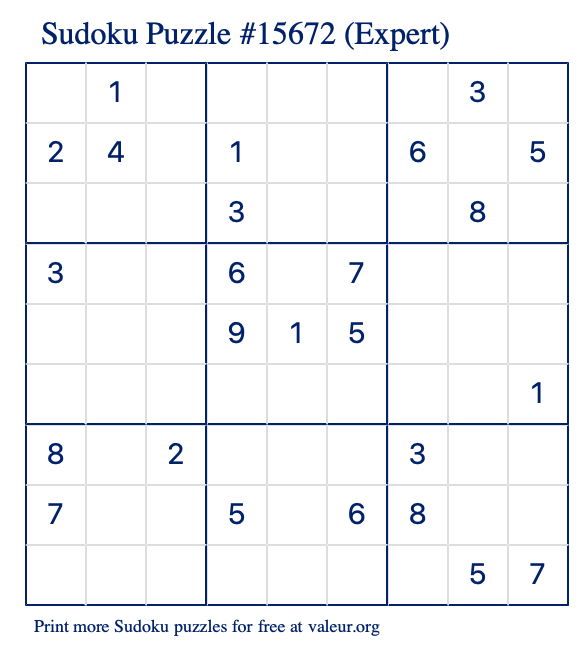 Free Printable Expert Sudoku Puzzle number 15672