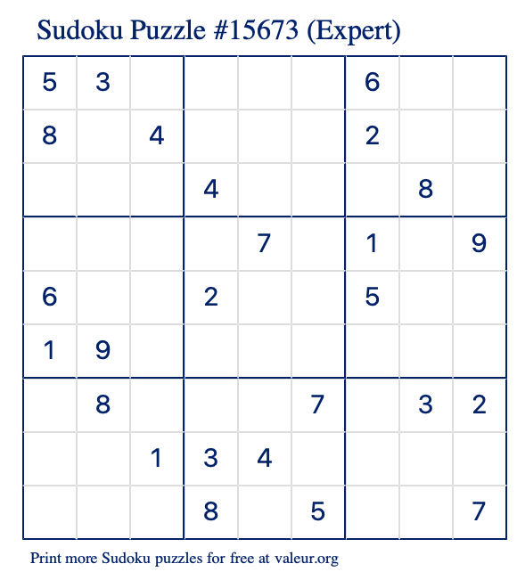 Free Printable Expert Sudoku Puzzle number 15673