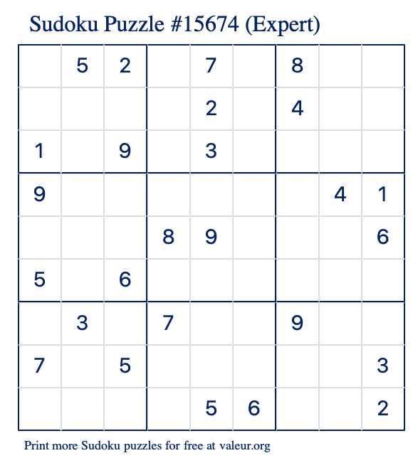 Free Printable Expert Sudoku Puzzle number 15674