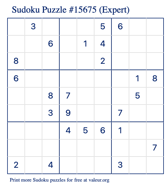 Free Printable Expert Sudoku Puzzle number 15675