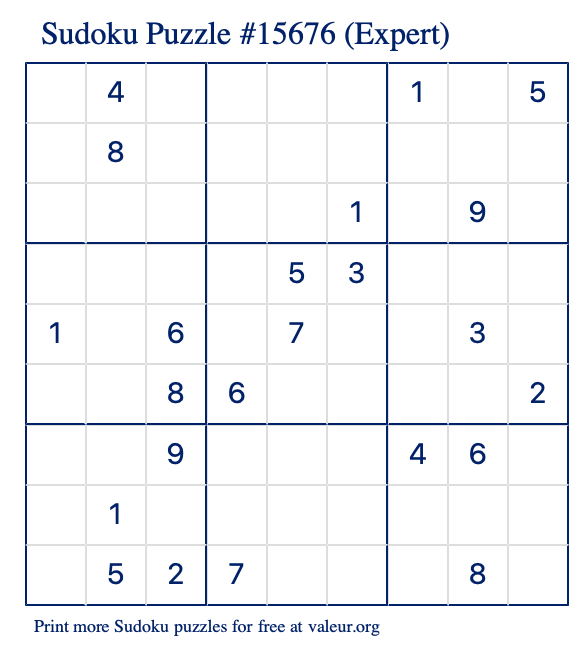 Free Printable Expert Sudoku Puzzle number 15676