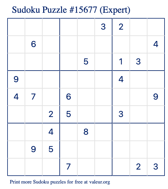 Free Printable Expert Sudoku Puzzle number 15677