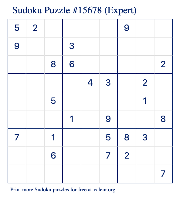 Free Printable Expert Sudoku Puzzle number 15678