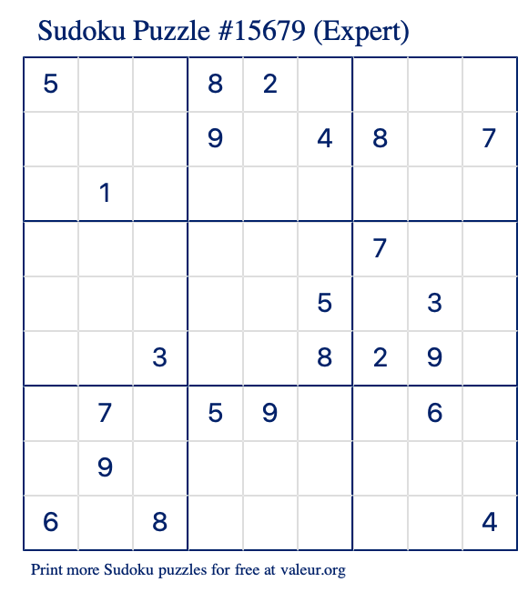 Free Printable Expert Sudoku Puzzle number 15679