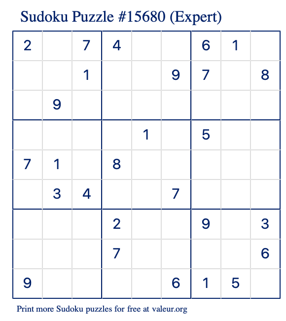 Free Printable Expert Sudoku Puzzle number 15680