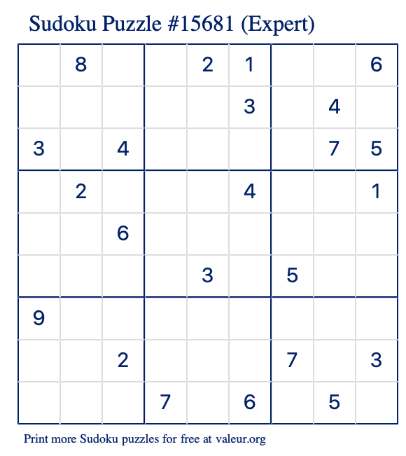 Free Printable Expert Sudoku Puzzle number 15681