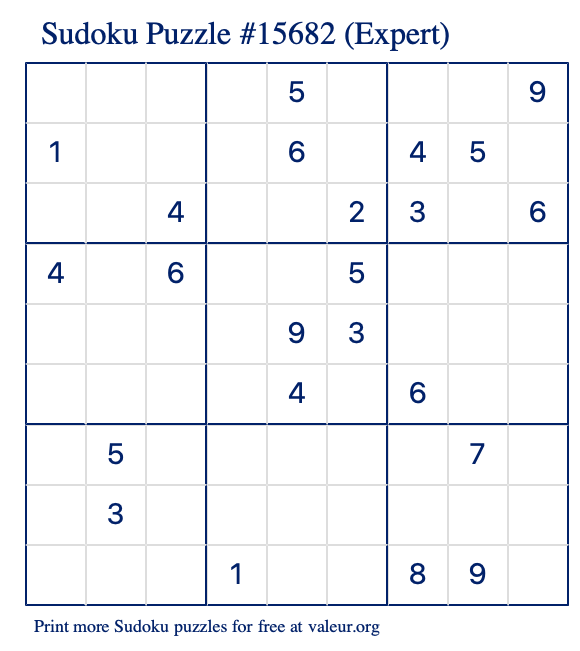 Free Printable Expert Sudoku Puzzle number 15682