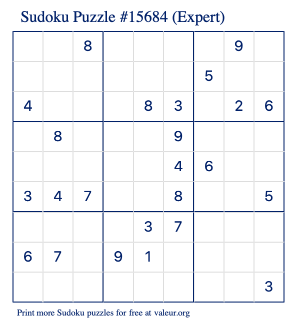 Free Printable Expert Sudoku Puzzle number 15684