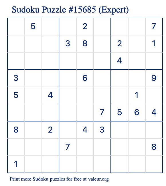 Free Printable Expert Sudoku Puzzle number 15685