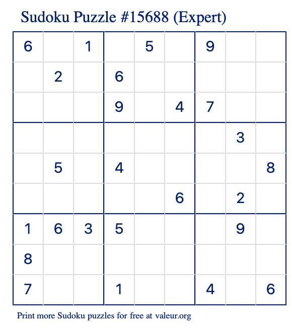 Free Printable Expert Sudoku Puzzle number 15688