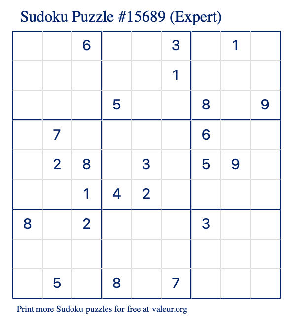 Free Printable Expert Sudoku Puzzle number 15689