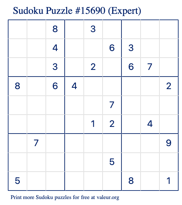 Free Printable Expert Sudoku Puzzle number 15690