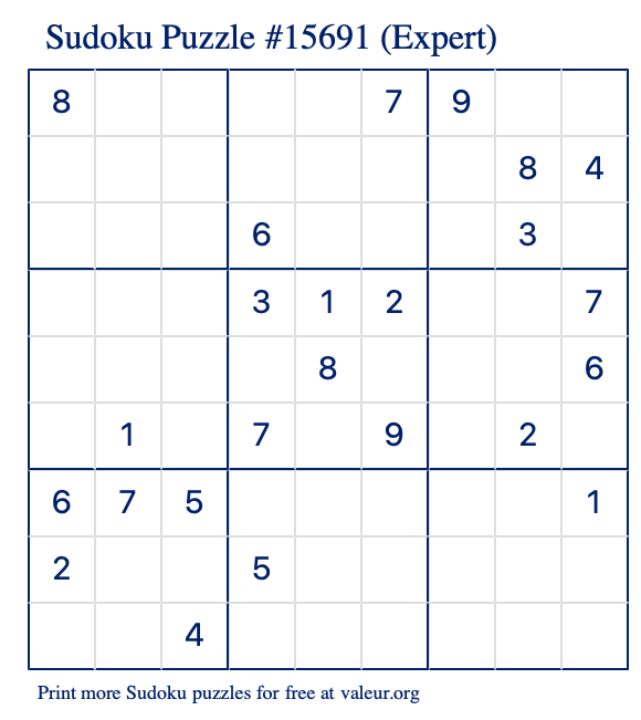 Free Printable Expert Sudoku Puzzle number 15691