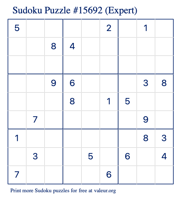 Free Printable Expert Sudoku Puzzle number 15692