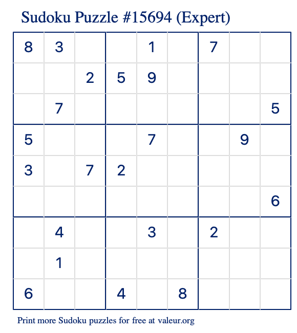 Free Printable Expert Sudoku Puzzle number 15694