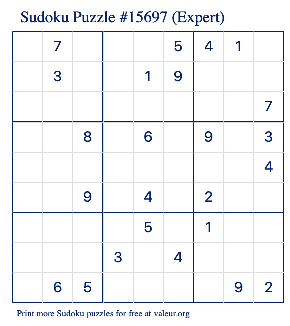 Free Printable Expert Sudoku Puzzle number 15697