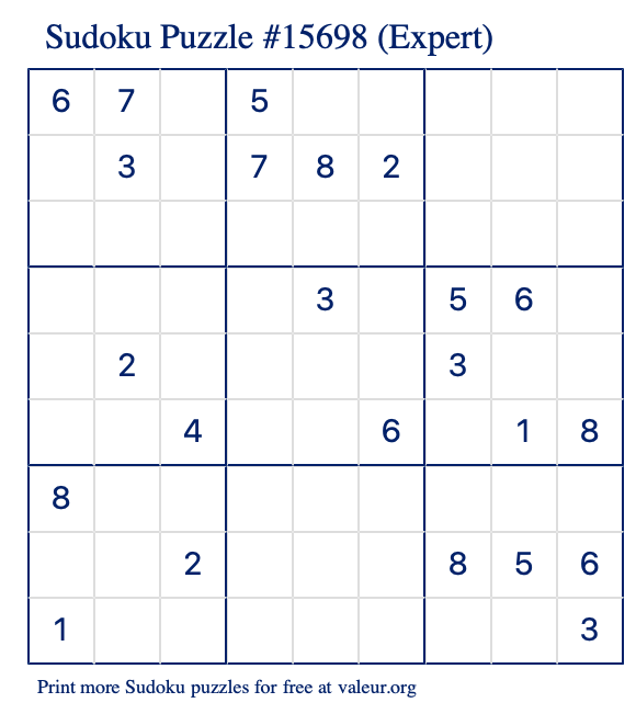 Free Printable Expert Sudoku Puzzle number 15698