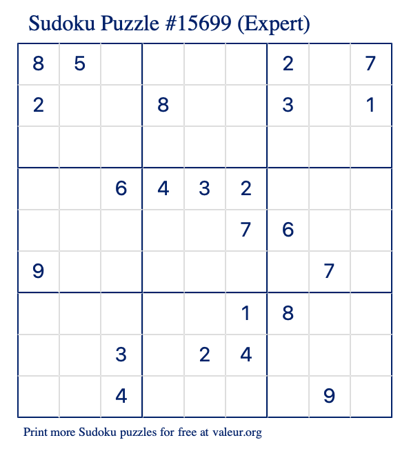 Free Printable Expert Sudoku Puzzle number 15699