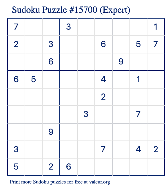 Free Printable Expert Sudoku Puzzle number 15700