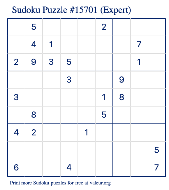 Free Printable Expert Sudoku Puzzle number 15701