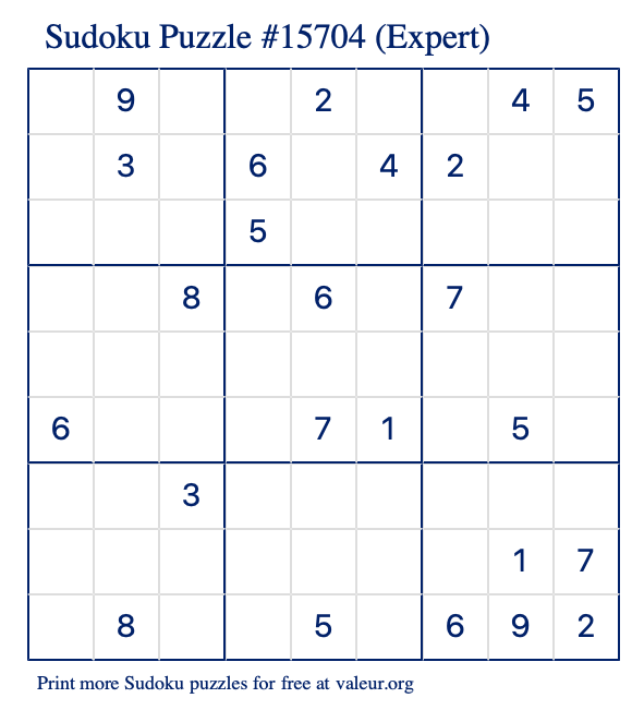 Free Printable Expert Sudoku Puzzle number 15704