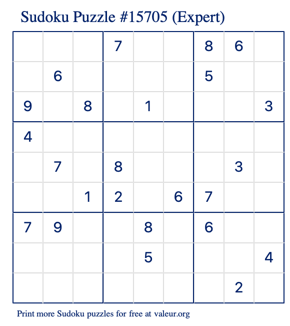Free Printable Expert Sudoku Puzzle number 15705