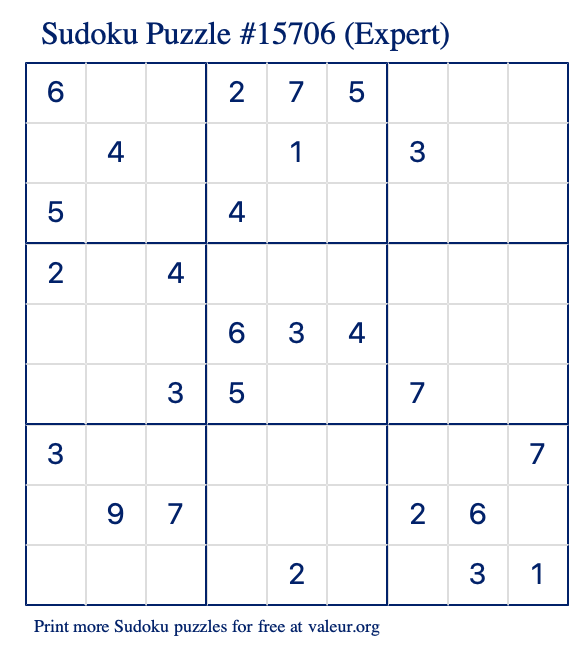 Free Printable Expert Sudoku Puzzle number 15706