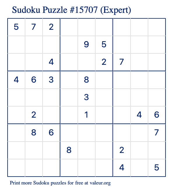 Free Printable Expert Sudoku Puzzle number 15707