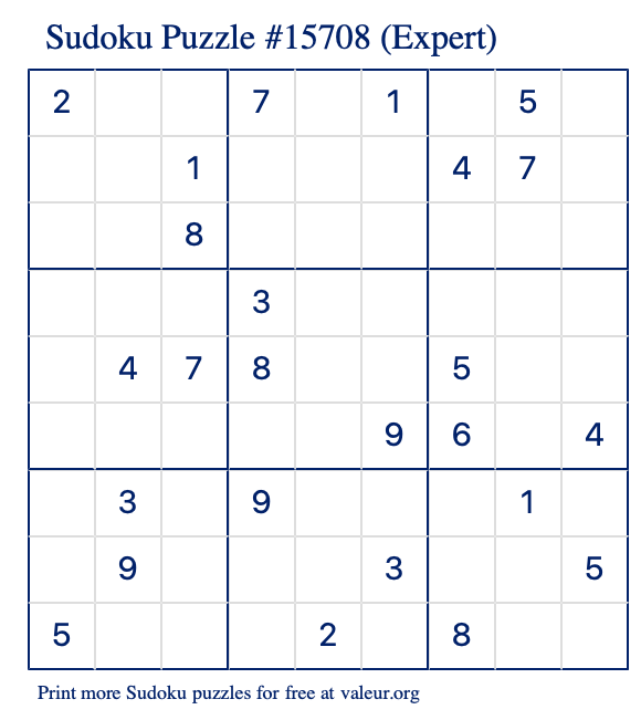 Free Printable Expert Sudoku Puzzle number 15708