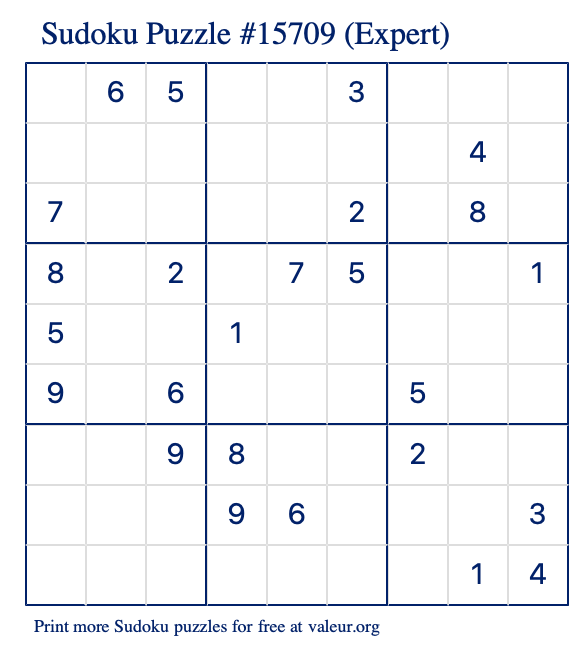 Free Printable Expert Sudoku Puzzle number 15709