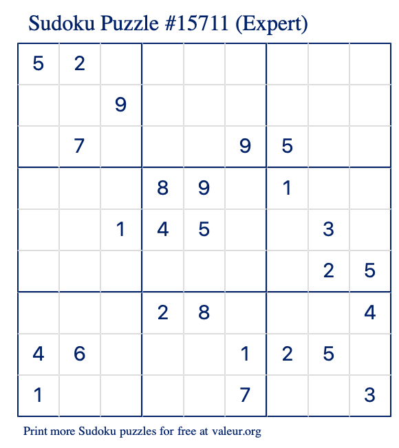 Free Printable Expert Sudoku Puzzle number 15711