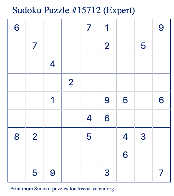 Free Printable Expert Sudoku Puzzle number 15712