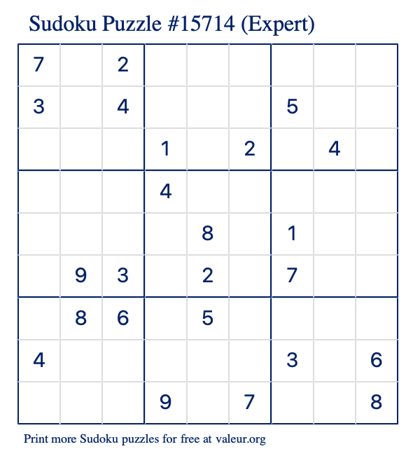 Free Printable Expert Sudoku Puzzle number 15714