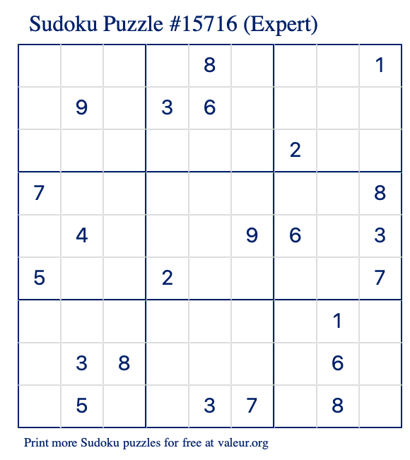 Free Printable Expert Sudoku Puzzle number 15716