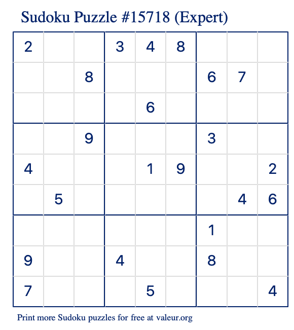 Free Printable Expert Sudoku Puzzle number 15718